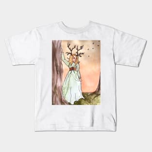 Cottagecore Deer Girl: Mossy Forest at Sunset Kids T-Shirt